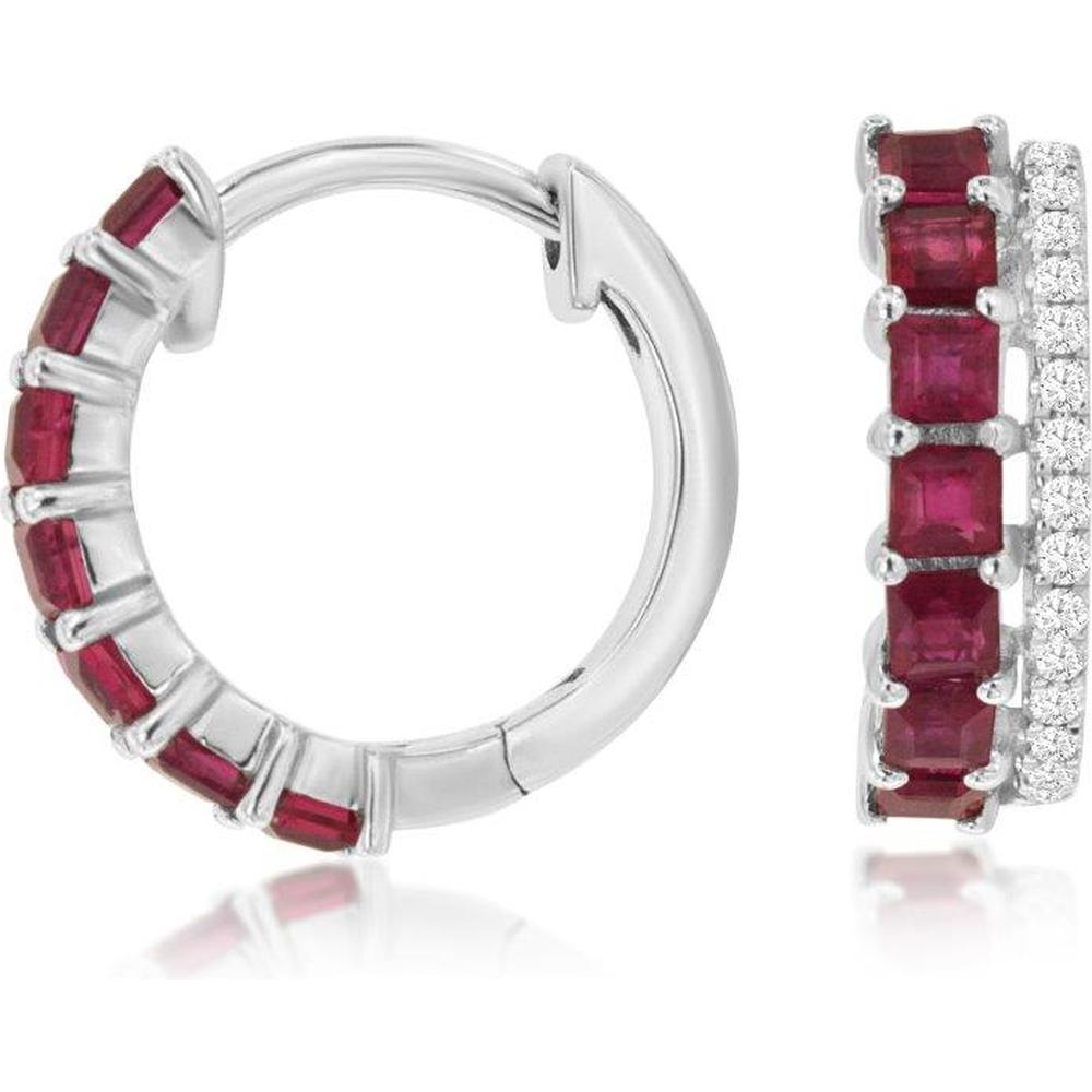 Royal 14K White Gold Ruby and Diamond Huggie Earrings - 0.87 Carats Total Ruby Weight and 0.09 Carats Total Diamond Weight