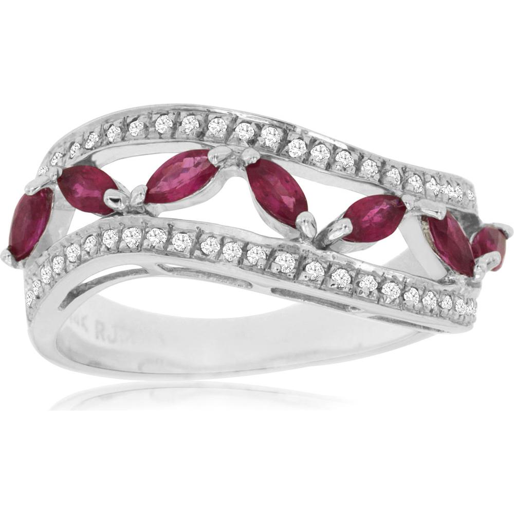 Royal 14K White Gold Ruby & Diamond Marquise Ring - 0.66 Carat Ruby, 0.20 Carat Diamond
