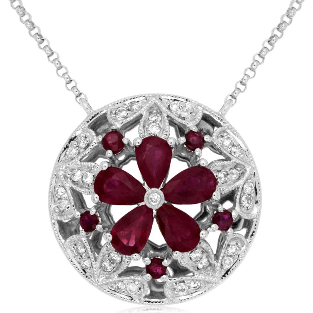 Royal 14K White Gold Ruby and Diamond Necklace - 1.40 Carat Ruby with 0.16 Carat Diamonds