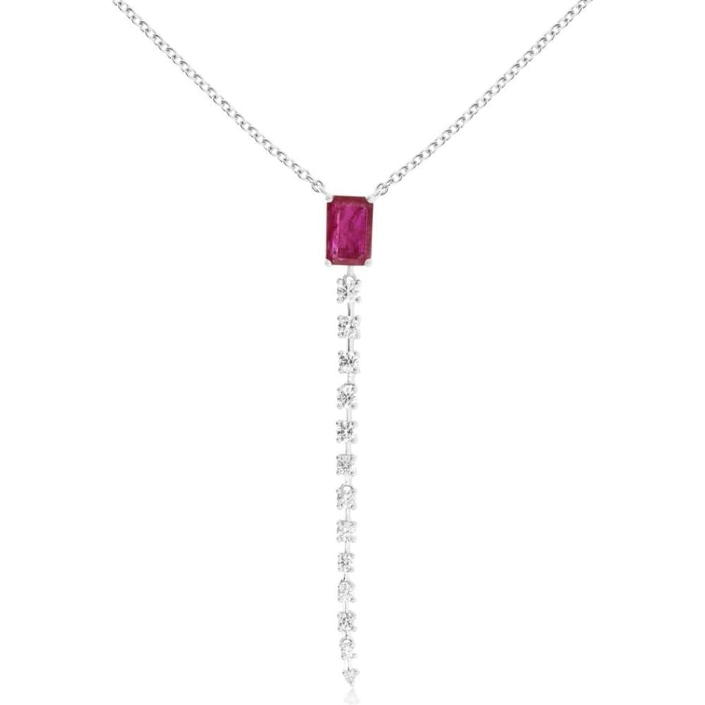 Royal 14K White Gold Ruby & Diamond Necklace with Cascading Diamonds - 0.60 Carats Ruby, 0.27 Carats Total Diamond Weight