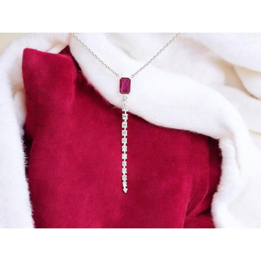 Royal 14K White Gold Ruby & Diamond Necklace with Cascading Diamonds - 0.60 Carats Ruby, 0.27 Carats Total Diamond Weight