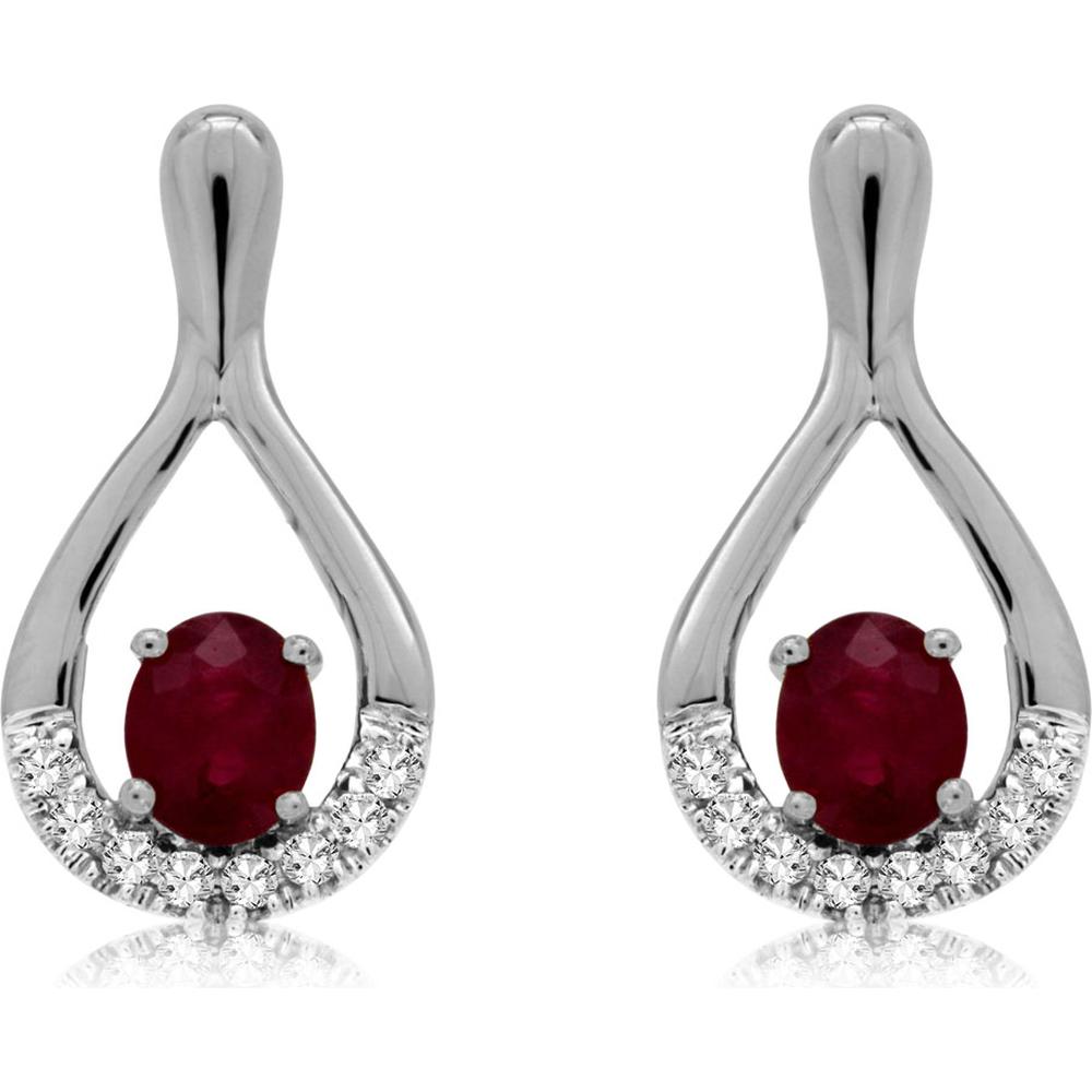 Royal 14K White Gold Ruby and Diamond Oval Earrings - 0.82 Carat Ruby, 0.12 Carat Diamond