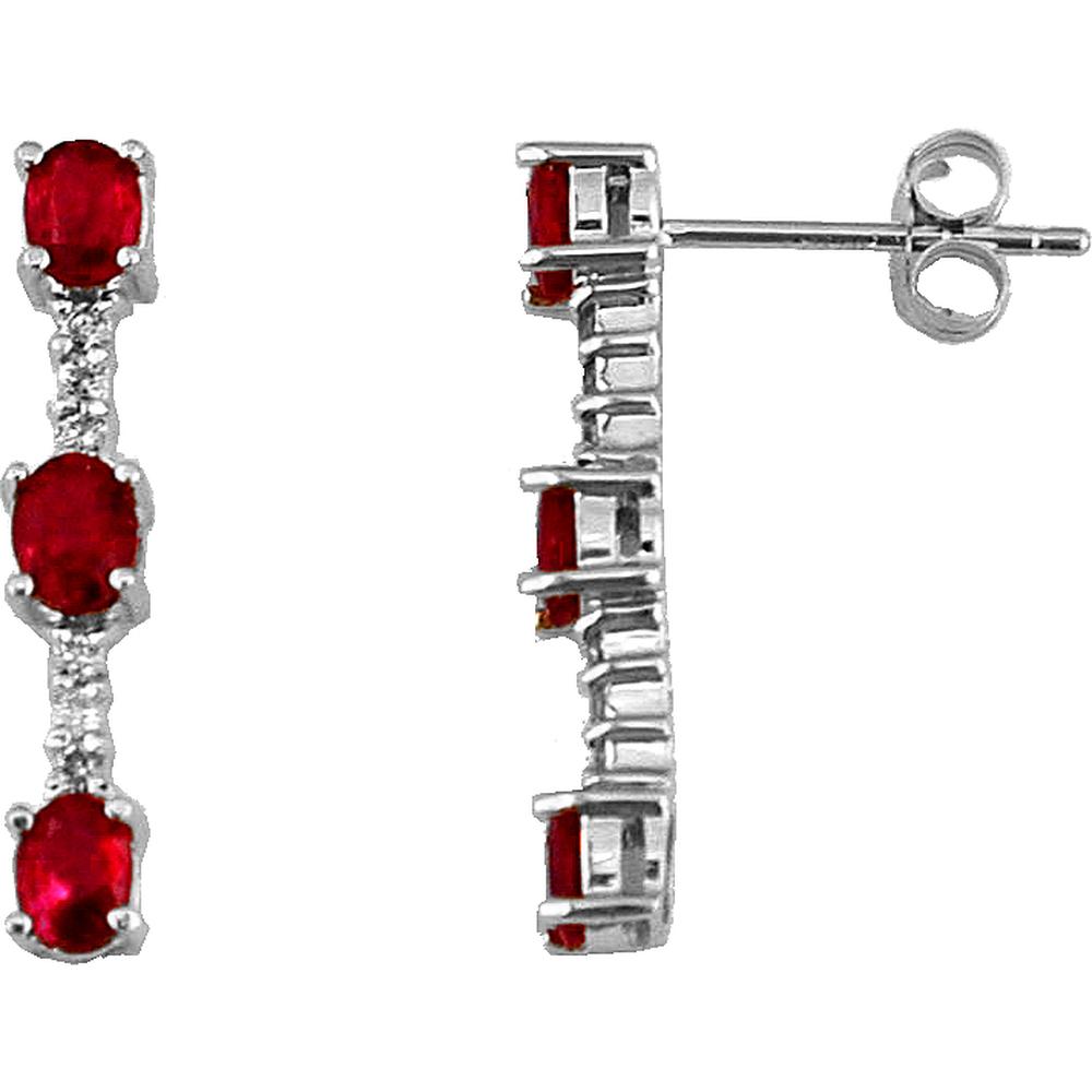 Royal 14K White Gold Ruby & Diamond Oval Earrings - 1.25 Carat Ruby, 0.12 Carat Diamond Total Weight