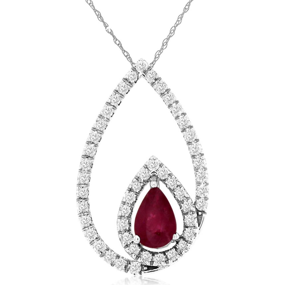 Royal 14K White Gold Ruby & Diamond Pendant - 0.45 Carats Ruby, 0.33 Carats Total Diamond Weight