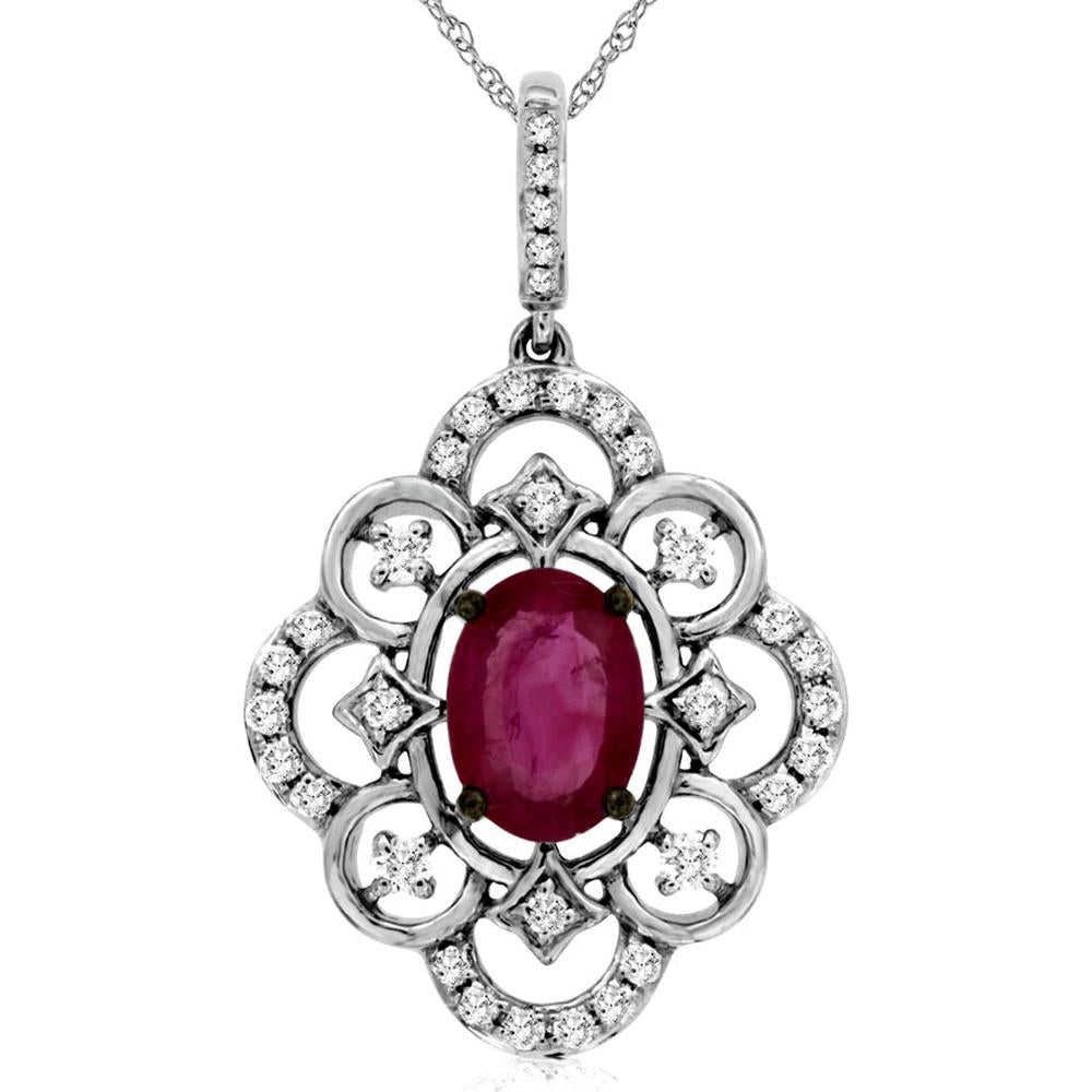 Royal 14K White Gold Ruby & Diamond Pendant - Luxurious Oval Necklace