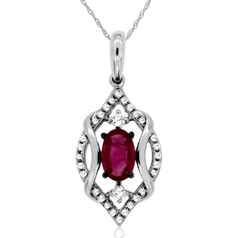 Royal 14K White Gold Ruby & Diamond Pendant with 0.60 Carats Oval Ruby and 0.12 Carats Total Diamond Weight