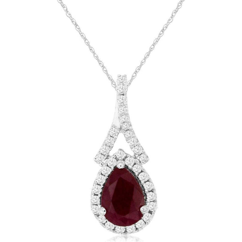Royal 14K White Gold Ruby and Diamond Pendant with Pear-Shaped Ruby and Diamond Halo - 0.75 Carat Ruby and 0.15 Carat Diamond