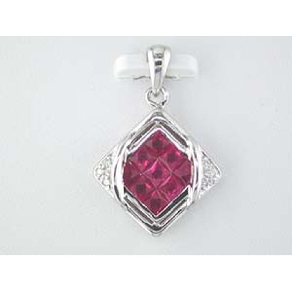 Royal 14K White Gold Ruby & Diamond Pendant with Princess Cut Ruby and Round Diamonds - 1.53 Carat Total Gem Weight
