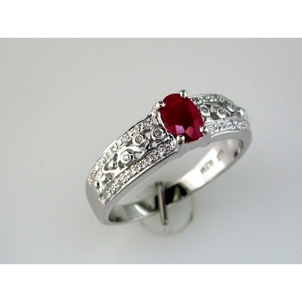 Royal 14K White Gold Ruby & Diamond Ring - 0.60 Carat Oval Ruby - 0.14 Carat Total Diamond Weight