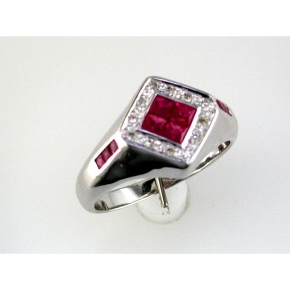 Royal 14K White Gold Ruby and Diamond Ring with Princess Cut Ruby and Round Diamonds - 0.85 Carat Ruby and 0.07 Carat Diamond