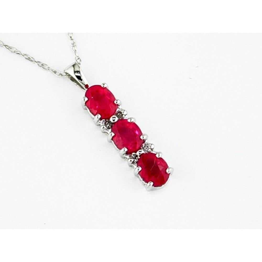 Royal 14K White Gold Ruby & Diamond Three-Stone Pendant Necklace - 1.20 Carats Ruby, 0.10 Carats Diamond Total Weight