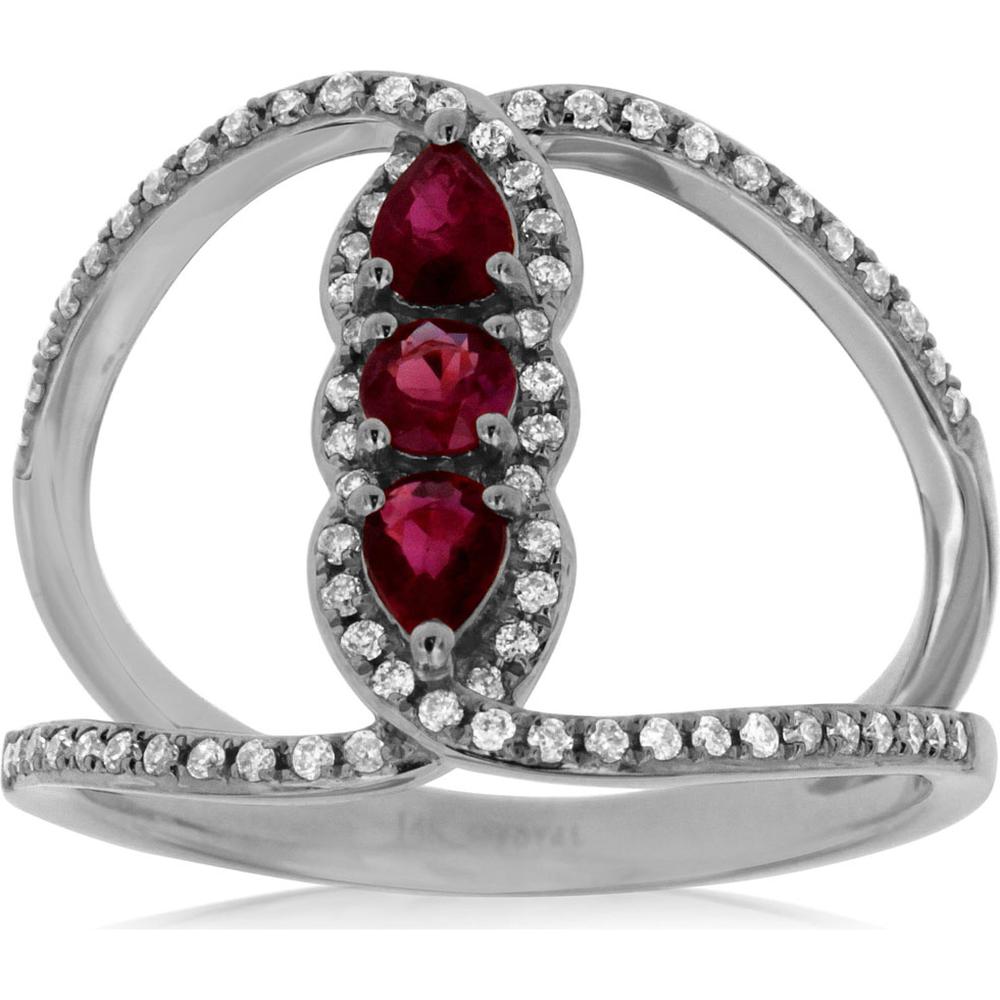 Royal 14K White Gold Ruby & Diamond Three-Stone Ring with Milgrain Detail - 0.72 Carats Total Ruby & Diamond Weight