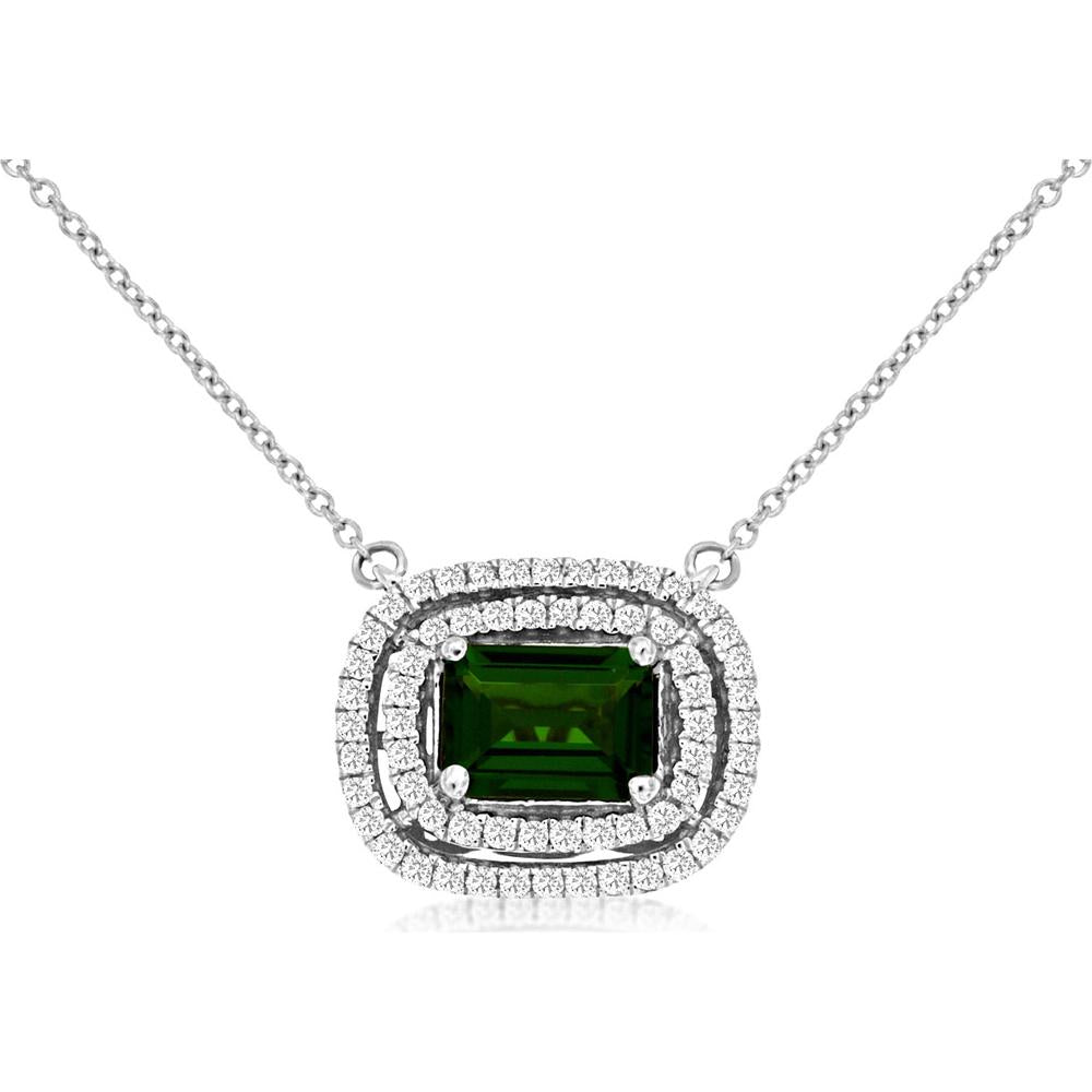 Royal 14K White Gold Russalite & Diamond Halo Necklace with Emerald Cut Russalite - 1.33 Carats Total Weight
