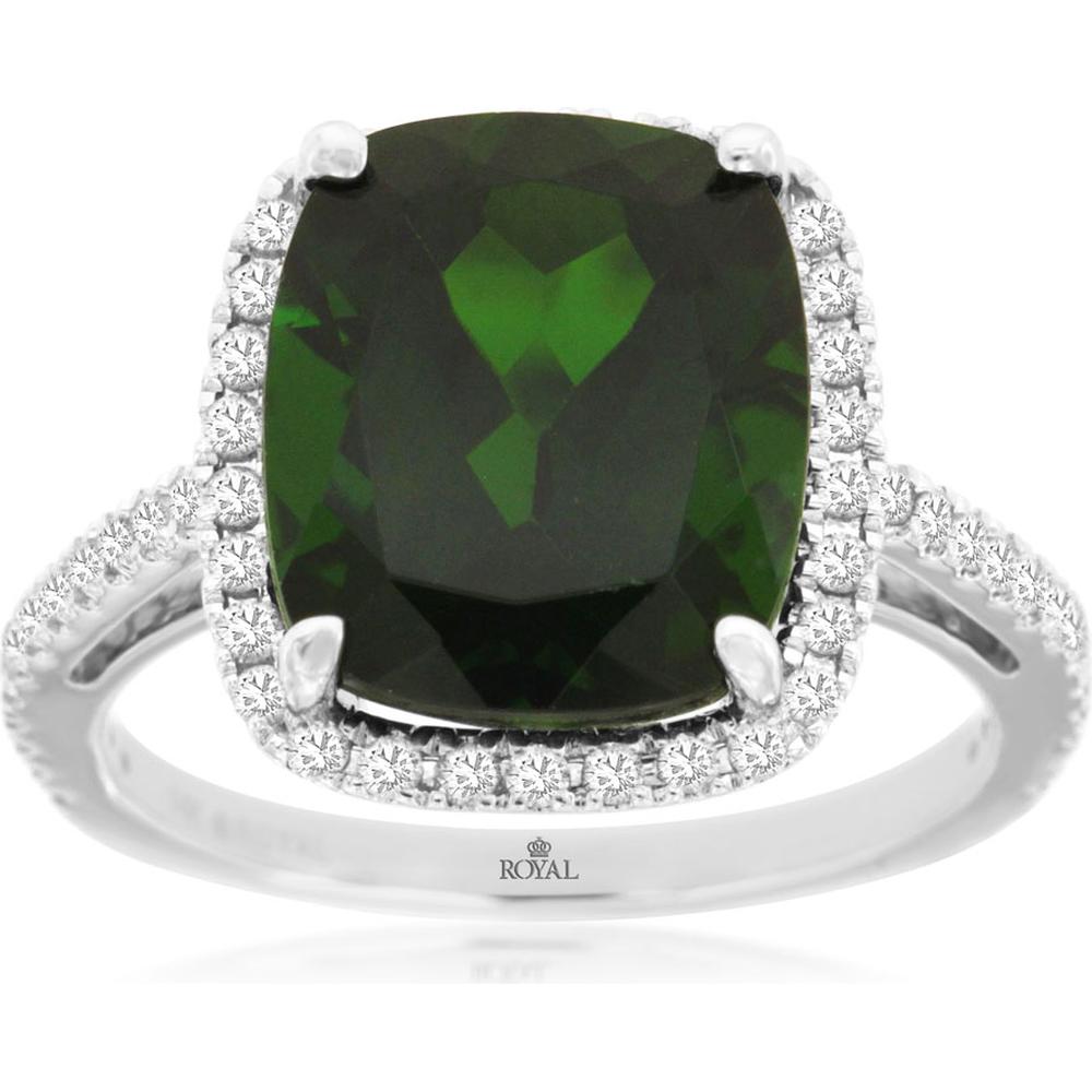 Royal 14K White Gold Russalite and Diamond Ring with Cushion Cut 5.5 Carat Russalite and 0.38 Carat Diamond Halo