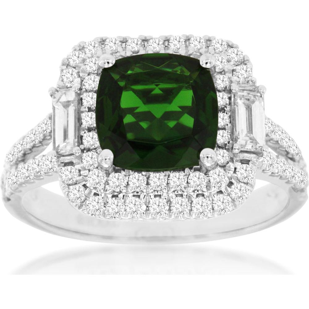Royal 14K White Gold Russalite and Diamond Ring with Cushion-Cut Center Stone and Diamond Halo - 3.00 Carats Total Gem Weight