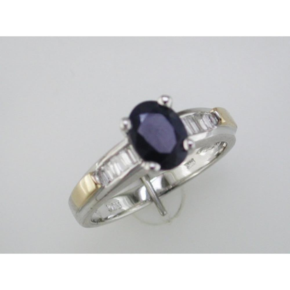 Royal 14K White Gold Sapphire and Baguette Diamond Ring - 1.50 Carats Sapphire, 0.18 Carats Total Diamond Weight