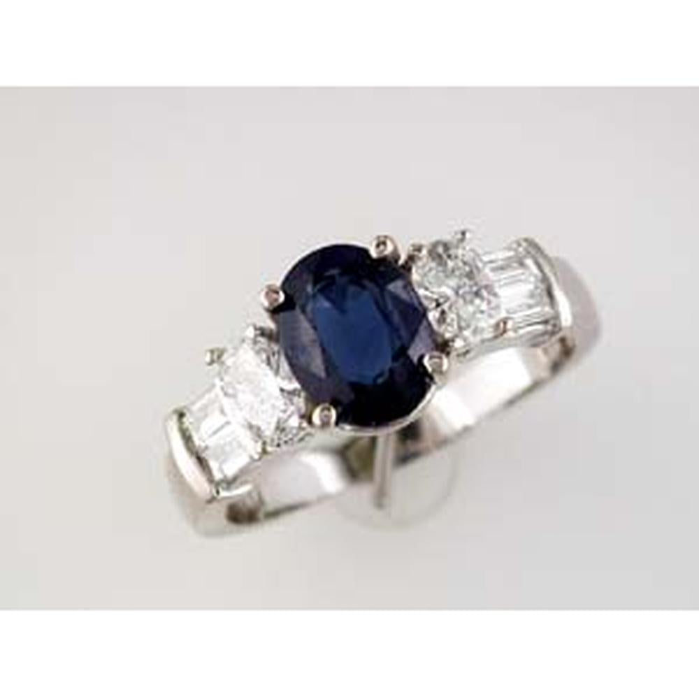 Royal 14K White Gold Sapphire and Diamond 3-Stone Ring with Oval Sapphire - 1.40 Carats Sapphire, 0.75 Carats Total Diamond Weight