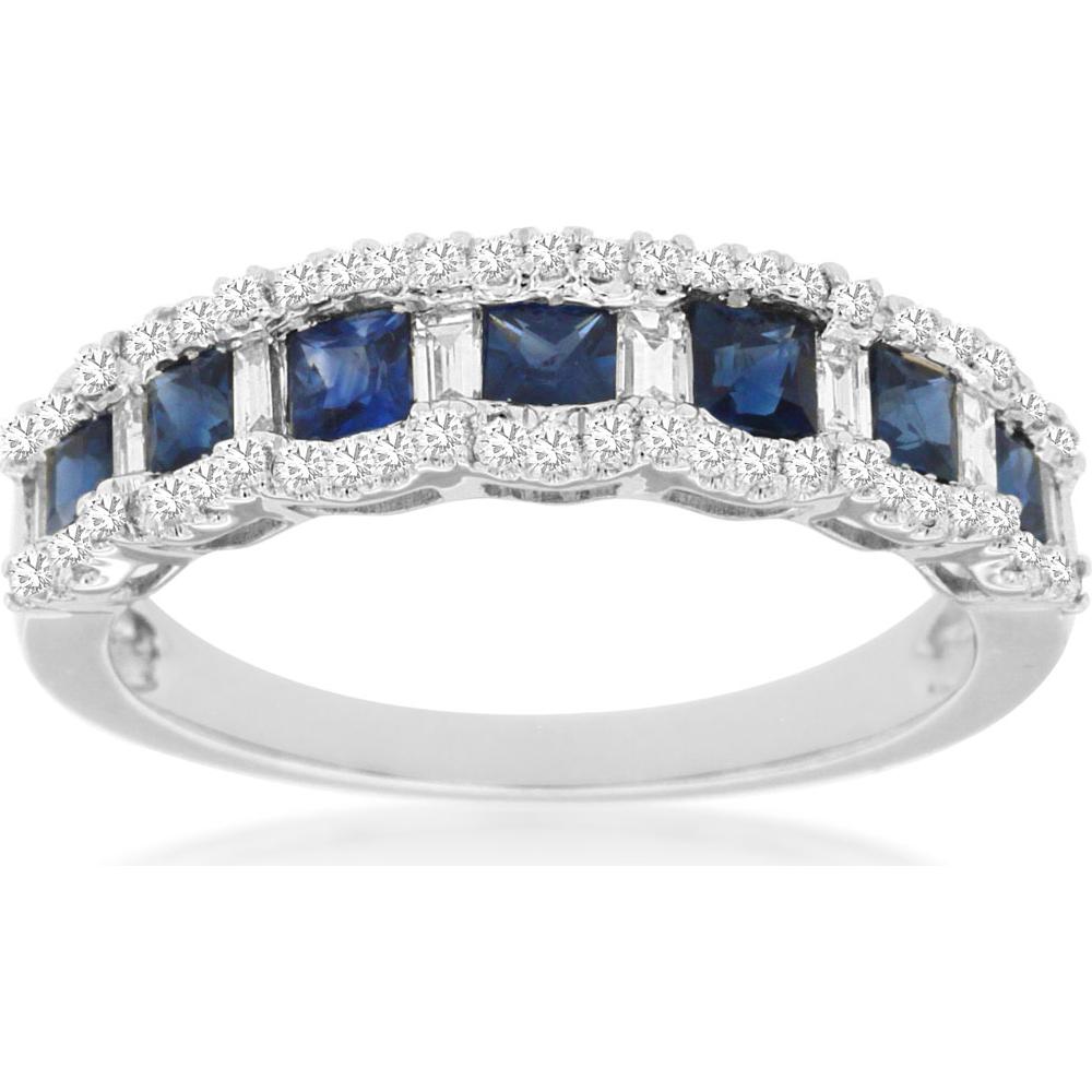 Royal 14K White Gold Sapphire and Diamond Band with Princess-Cut Stones - 0.42 Carats Diamond and 0.78 Carats Sapphire Total Weight