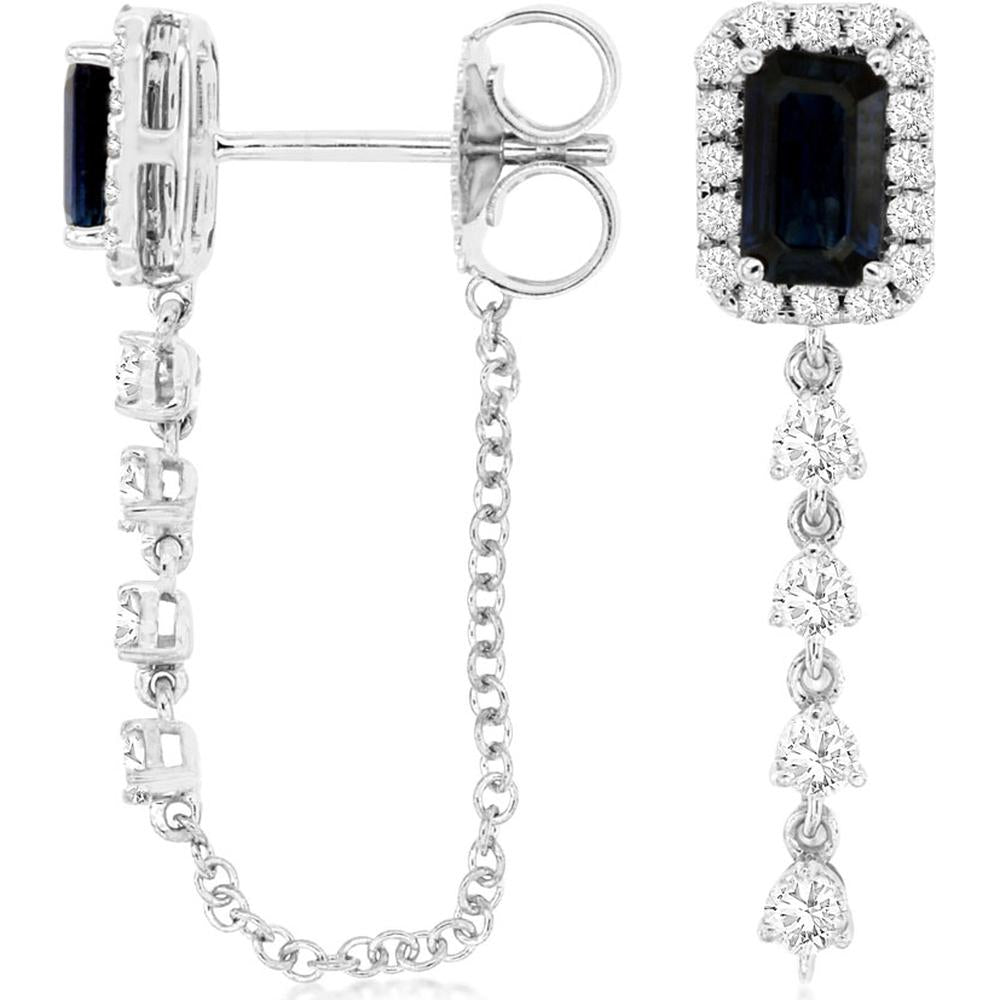 Royal 14K White Gold Sapphire & Diamond Drop Earrings with Halo and Dangling Accents - 0.74 Carats Sapphire, 0.40 Carats Diamond Total Weight