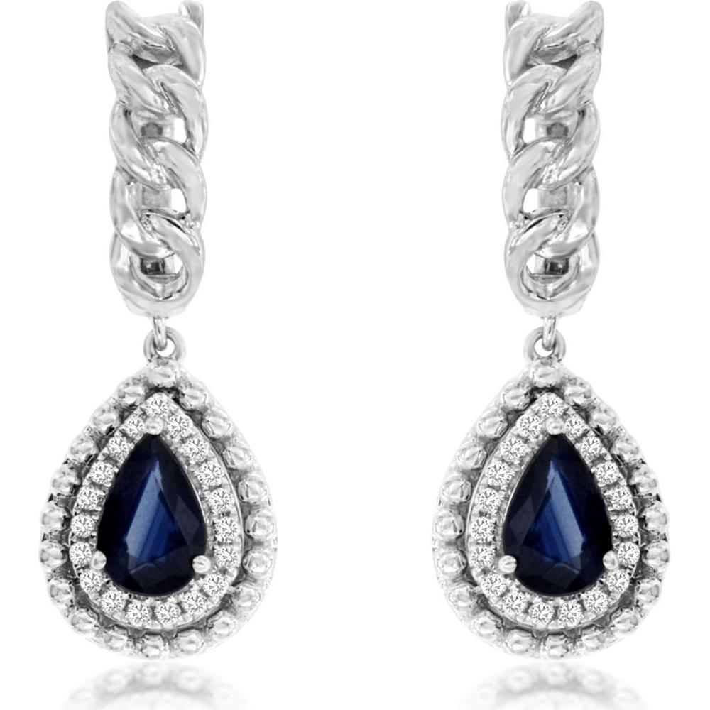 Royal 14K White Gold Sapphire & Diamond Drop Earrings with Pear-Shaped Sapphire - 2.12 Carats Total Sapphire Weight, 0.26 Carats Total Diamond Weight