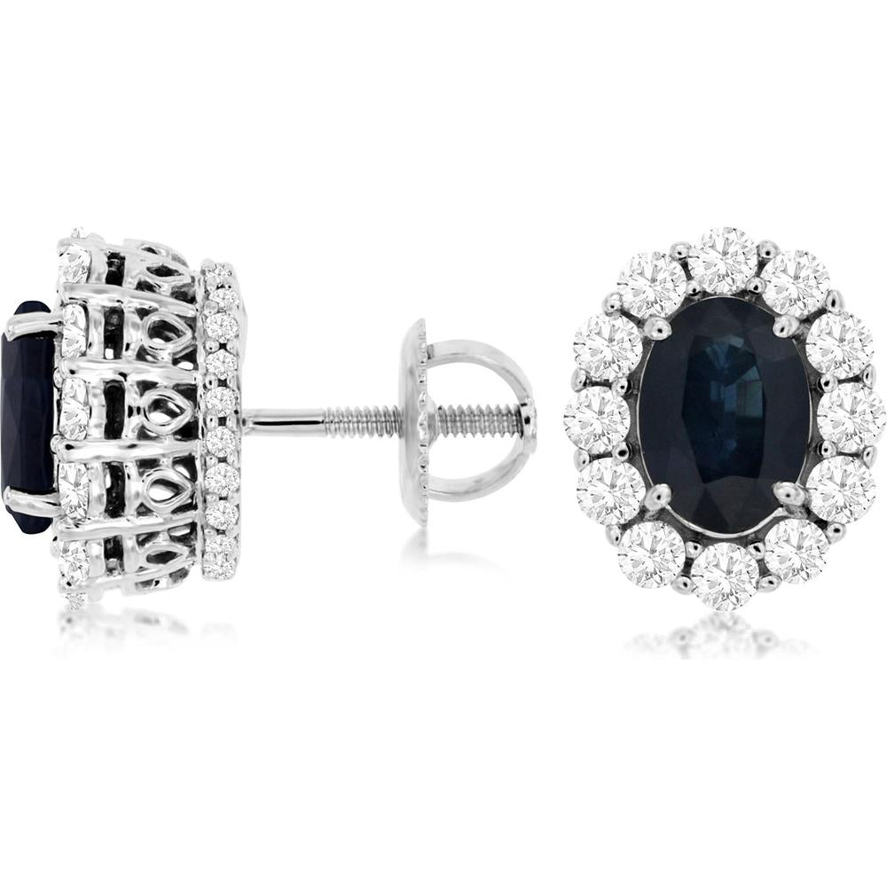 Royal 14K White Gold Sapphire & Diamond Earrings - 1.00 Carat Oval Sapphire, 2.00 Carat Total Diamond Weight