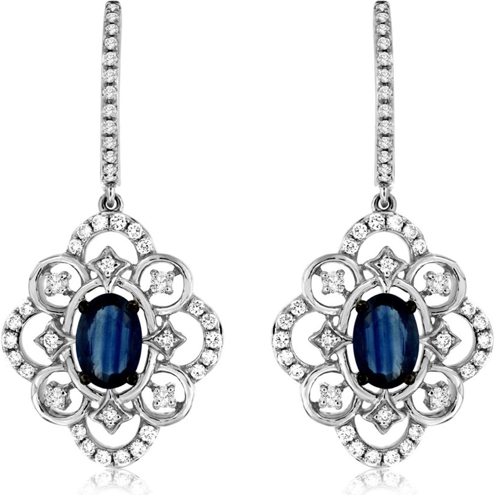 Royal 14K White Gold Sapphire & Diamond Earrings - 1.12 Carat Total Sapphire Weight - 0.45 Carat Total Diamond Weight
