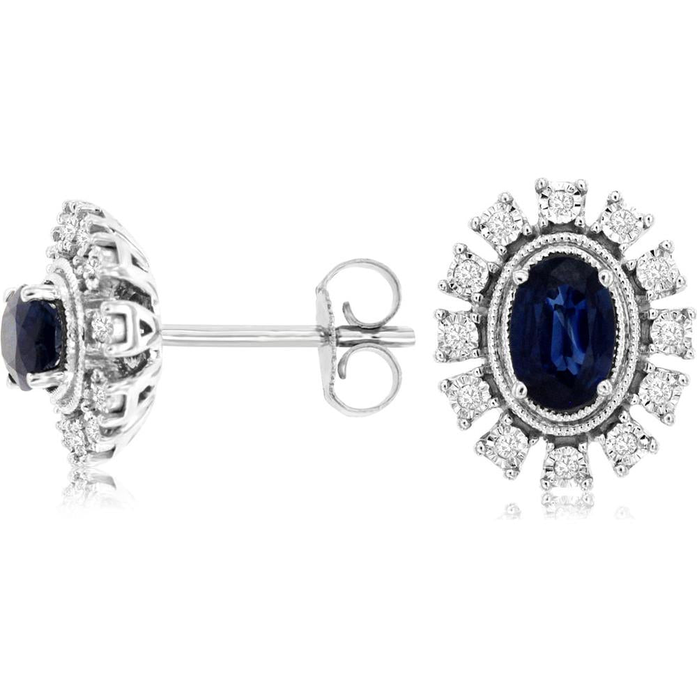 Royal 14K White Gold Sapphire and Diamond Earrings with Oval Sapphire - 1.30 Carats Total Sapphire Weight, 0.10 Carats Total Diamond Weight
