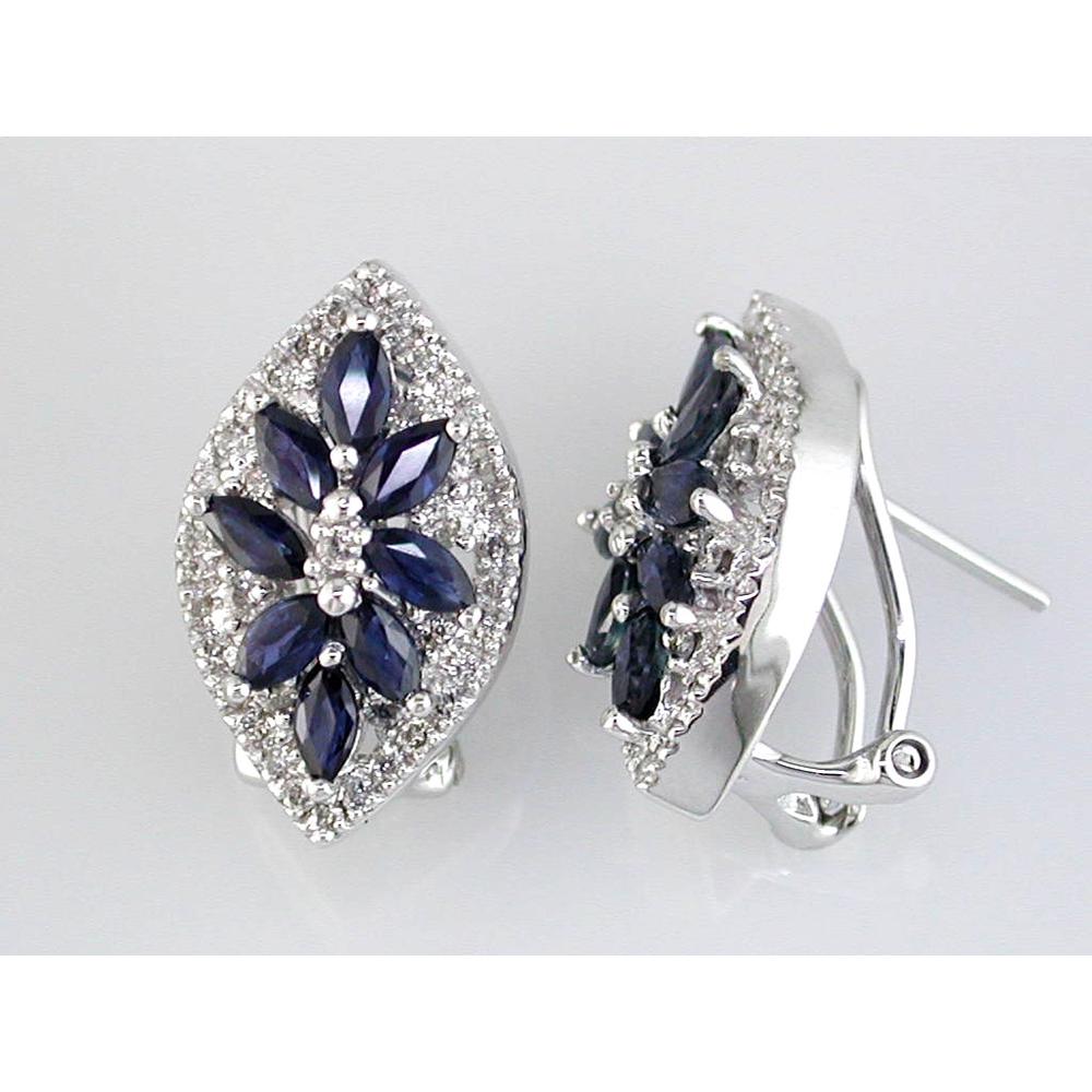 Royal 14K White Gold Sapphire and Diamond Flower Earrings - 2.40 Carats Total Gem Weight