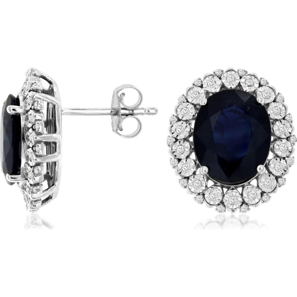 Royal 14K White Gold Sapphire & Diamond Halo Earrings - 5.80 Carats Total Sapphire Weight, 0.25 Carats Total Diamond Weight