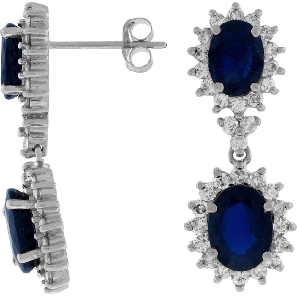 Royal 14K White Gold Sapphire and Diamond Halo Earrings - 6.50 Carats Total Sapphire and Diamond Weight