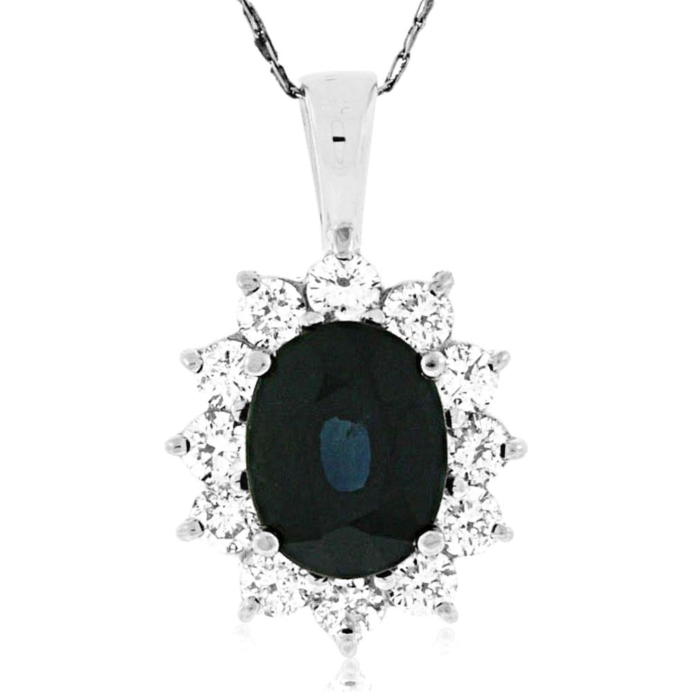 Royal 14K White Gold Sapphire & Diamond Halo Pendant - 2.10 Carats Sapphire, 1.00 Carats Diamond