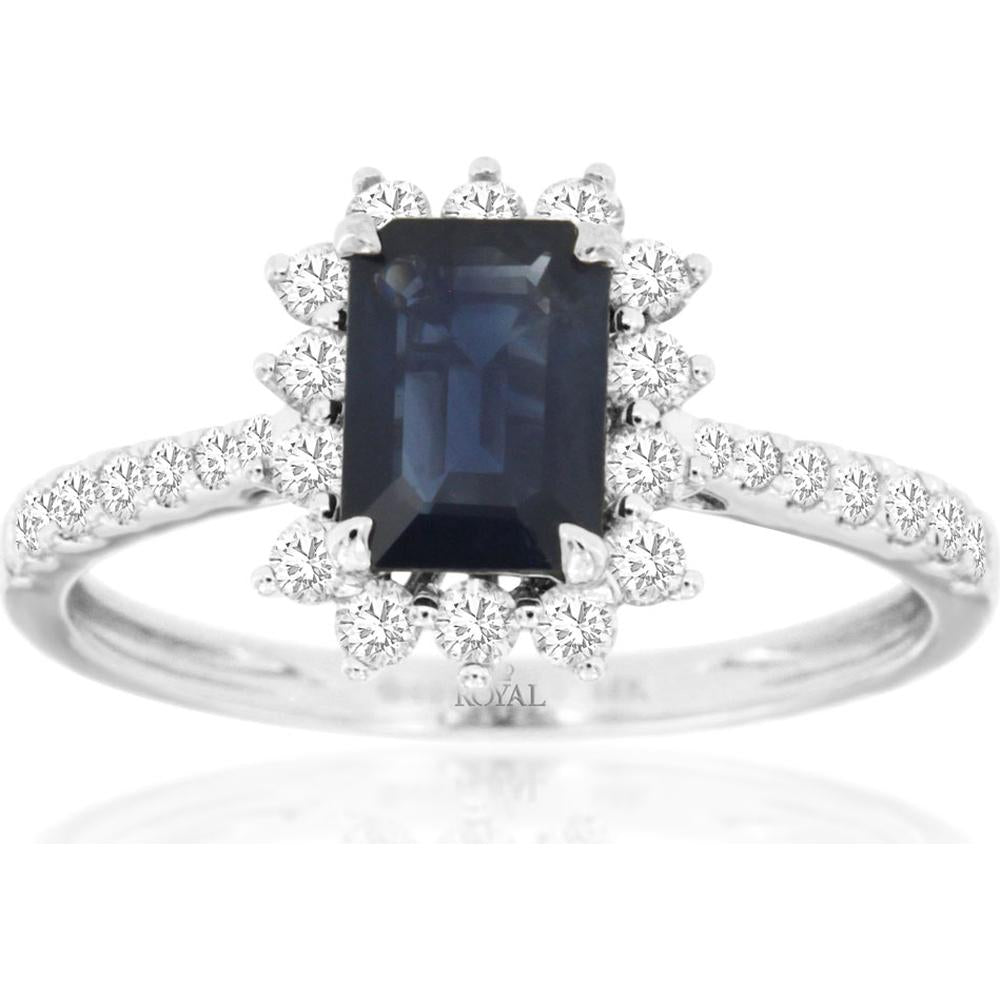 Royal 14K White Gold Sapphire & Diamond Halo Ring - 1.09 Carats Sapphire, 0.48 Carats Total Diamond Weight