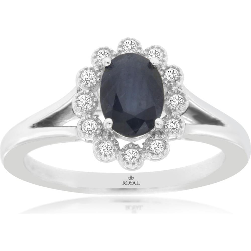 Royal 14K White Gold Sapphire & Diamond Halo Ring - 1.12 Carats Total Weight