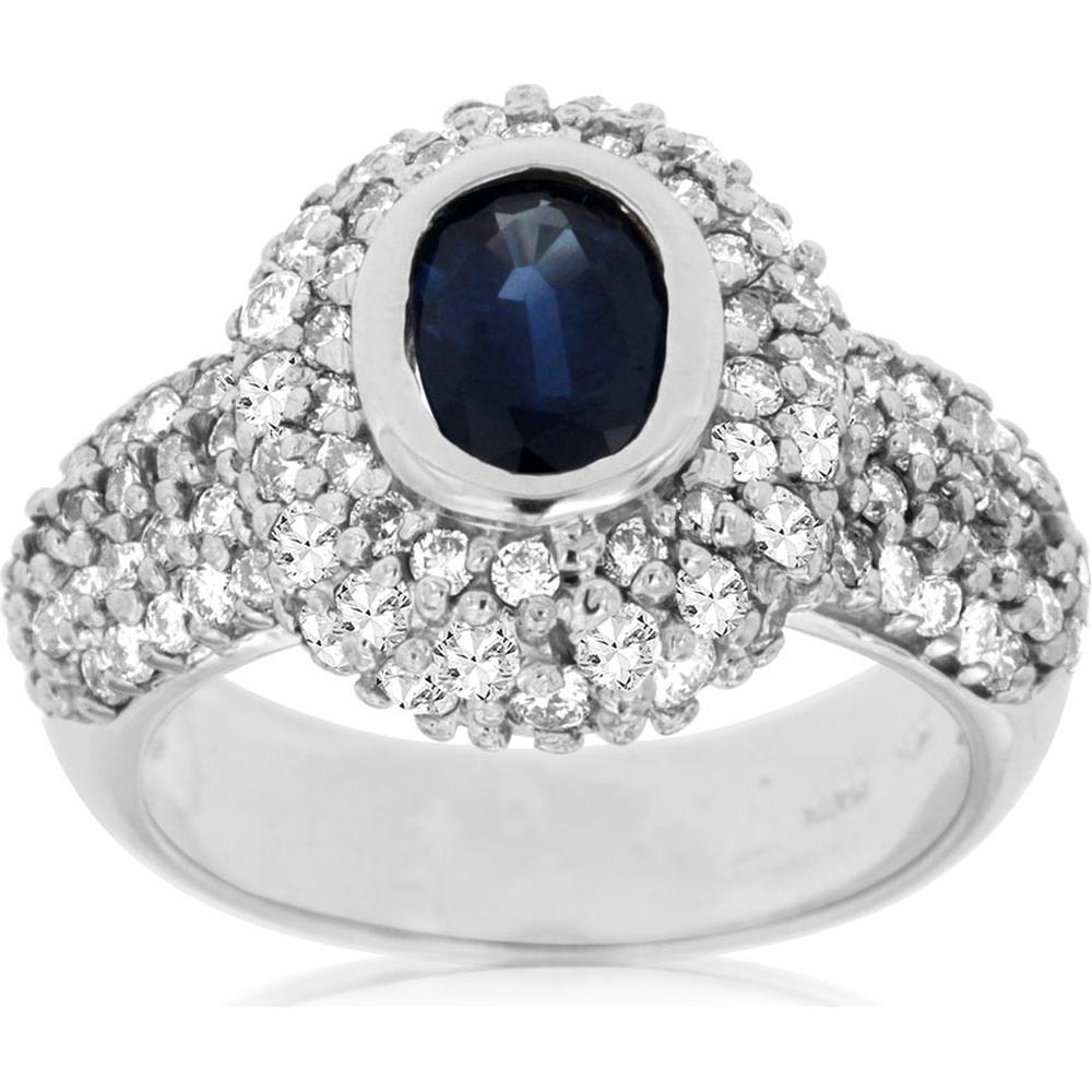 Royal 14K White Gold Sapphire and Diamond Halo Ring - 1.50 Carat Sapphire, 0.50 Carat Diamonds