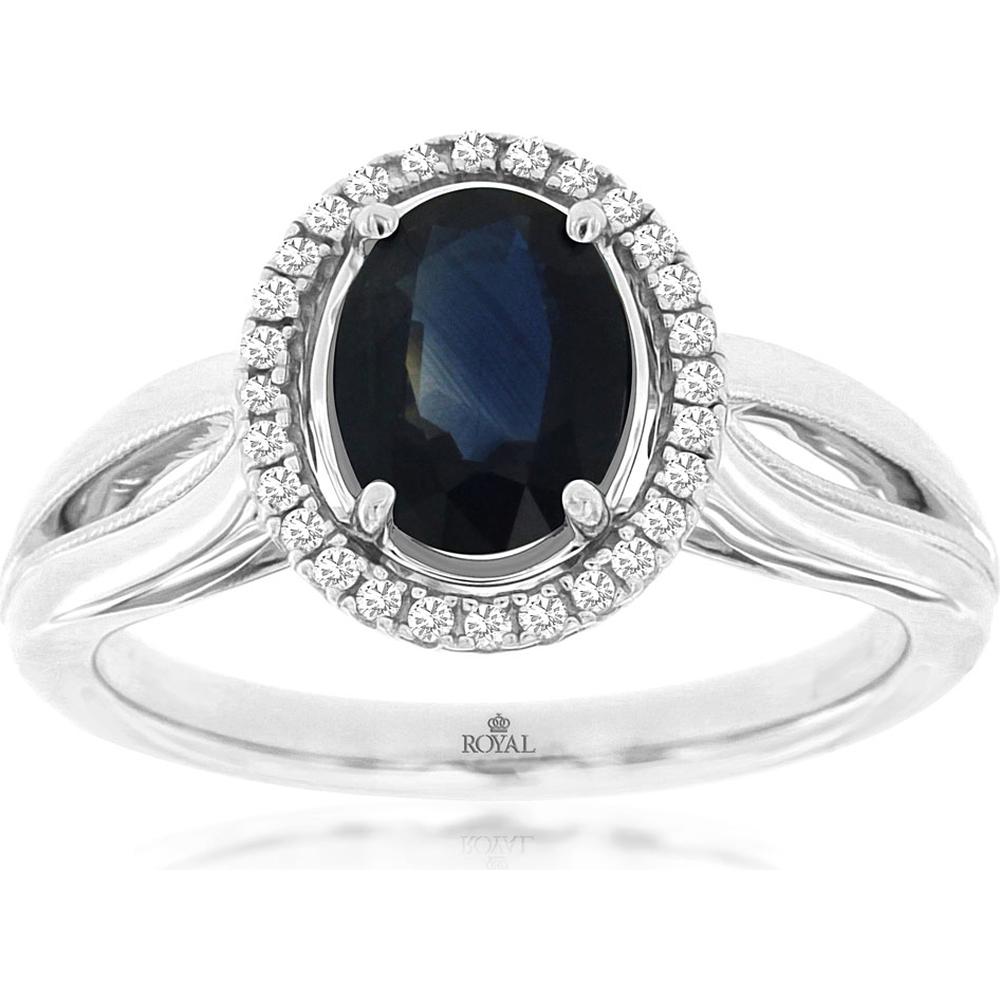 Royal 14K White Gold Sapphire & Diamond Halo Ring with 1.47 Carats Oval Sapphire and 0.10 Carats Total Diamond Weight