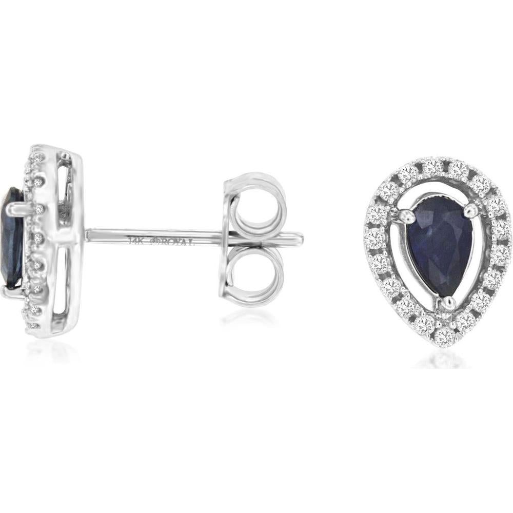 Royal 14K White Gold Sapphire and Diamond Halo Stud Earrings with Pear-Shaped Sapphires - 0.74 Carats Total Gem Weight