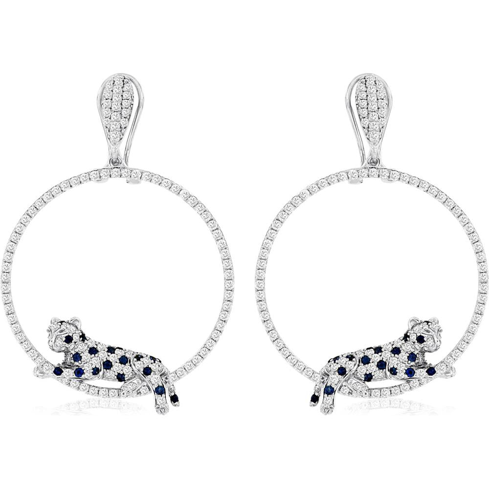 Royal 14K White Gold Sapphire & Diamond Leopard Hoop Earrings - 1.88 Carats Total Diamond Weight, 0.40 Carats Total Sapphire Weight