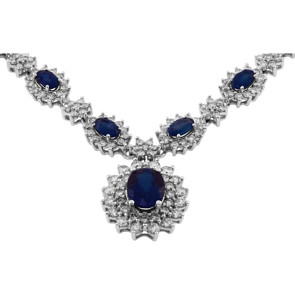 Royal 14K White Gold Sapphire & Diamond Necklace with Oval Sapphires and Round Diamonds - 6.90 Carats Total Gem Weight