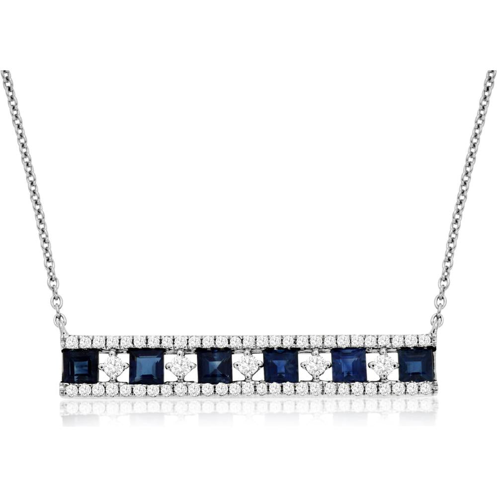 Royal 14K White Gold Sapphire & Diamond Necklace with Princess Cut Stones - 1.35 Carat Sapphire & 0.40 Carat Diamond