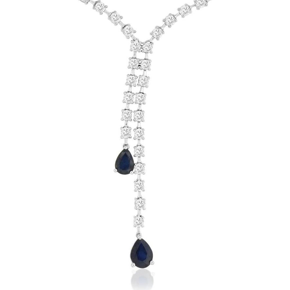 Royal 14K White Gold Sapphire & Diamond Necklace with Teardrop Sapphires - 6.40 Carats Total Diamond Weight
