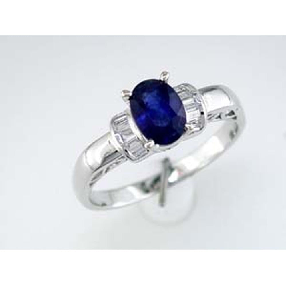 Royal 14K White Gold Sapphire & Diamond Ring - 1.00 Carat Oval Sapphire, 0.15 Carat Baguette Diamonds