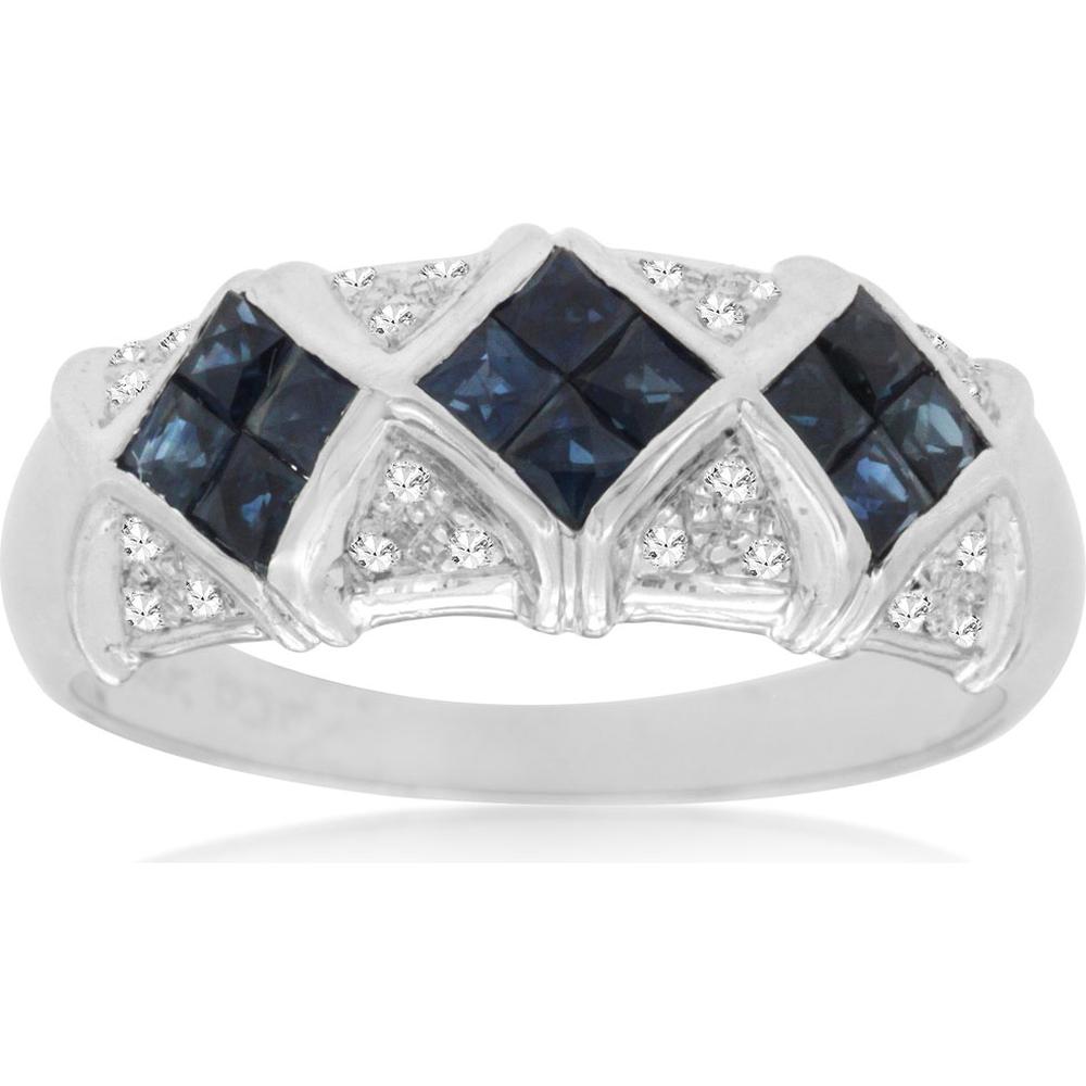 Royal 14K White Gold Sapphire & Diamond Ring - 1.00 Carat Princess Cut Sapphire - 0.10 Carat Total Diamond Weight