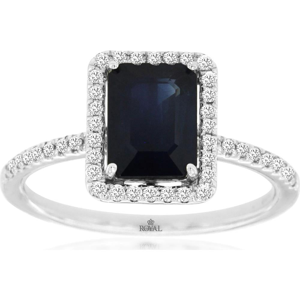 Royal 14K White Gold Sapphire & Diamond Ring - Elegant Emerald Cut 1.85 Carat Sapphire with 0.20 Carat Diamonds