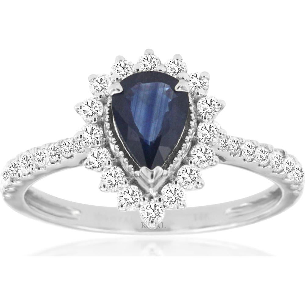 Royal 14K White Gold Sapphire & Diamond Ring - Pear Shape - 0.88 Carat Sapphire - 0.50 Carat Diamond Total