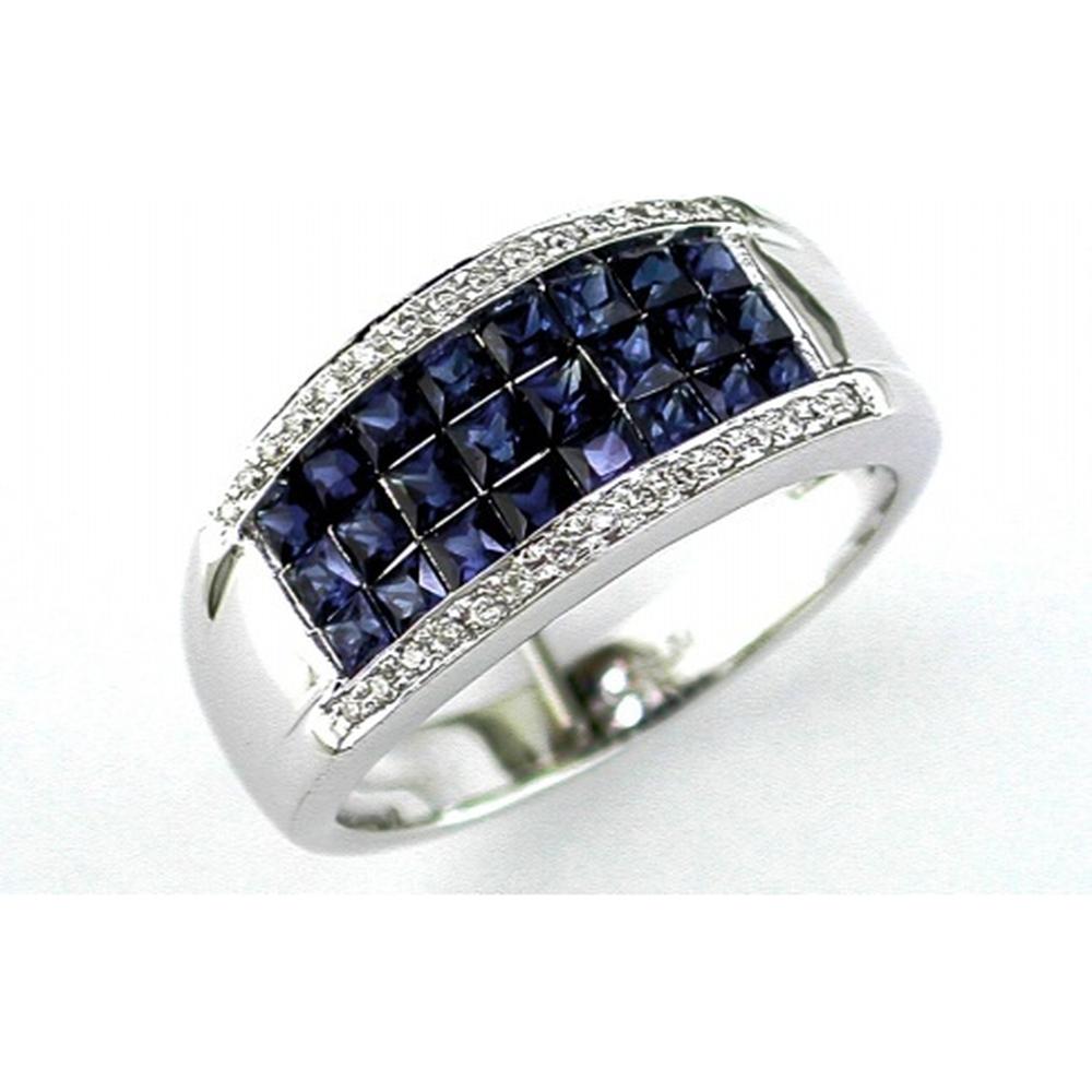 Royal 14K White Gold Sapphire & Diamond Ring with Princess Cut Sapphires - 1.60 Carats Total Sapphire Weight, 0.10 Carats Total Diamond Weight