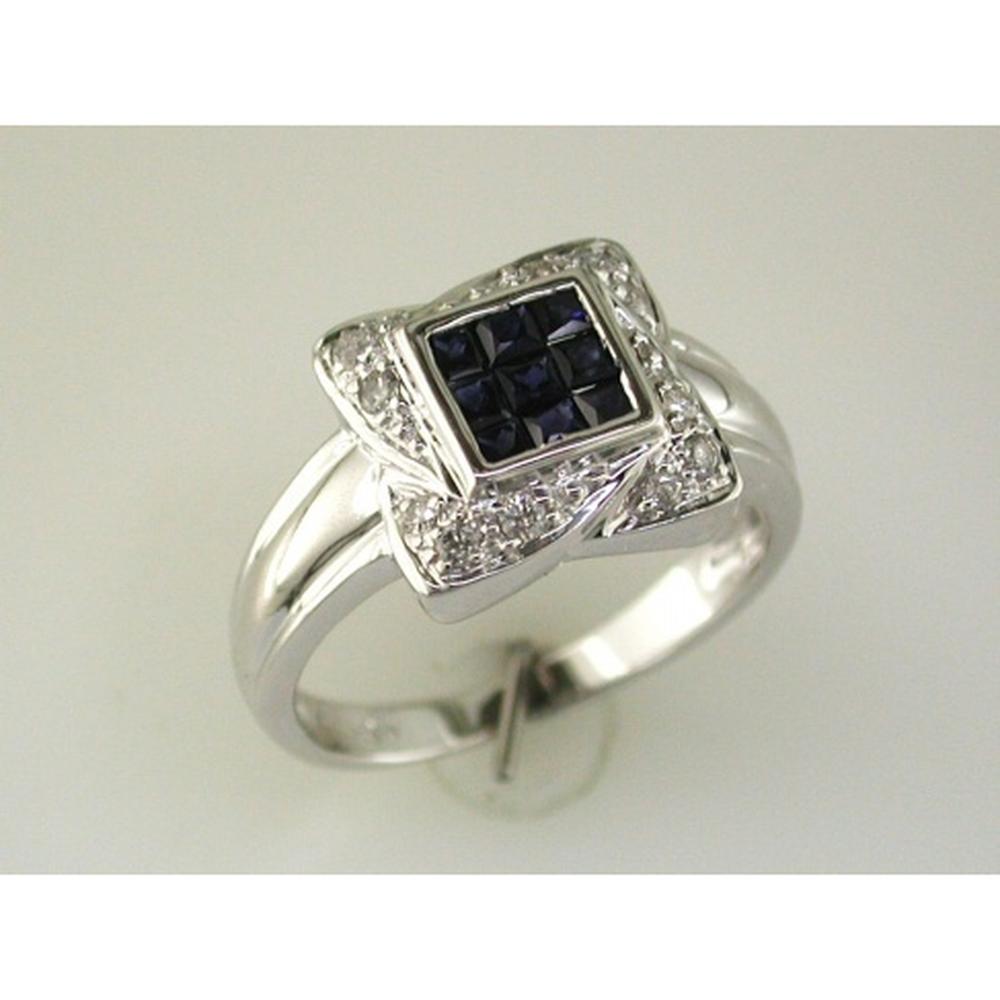 Royal 14K White Gold Sapphire & Diamond Ring with Princess Cut Sapphires & Round Diamonds - 0.65 Carats Total Weight
