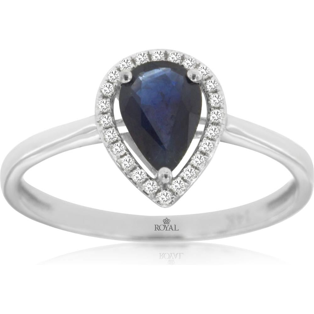 Royal 14K White Gold Sapphire & Diamond Teardrop Halo Ring - 0.88 Carats Sapphire & 0.08 Carats Diamond Total Weight
