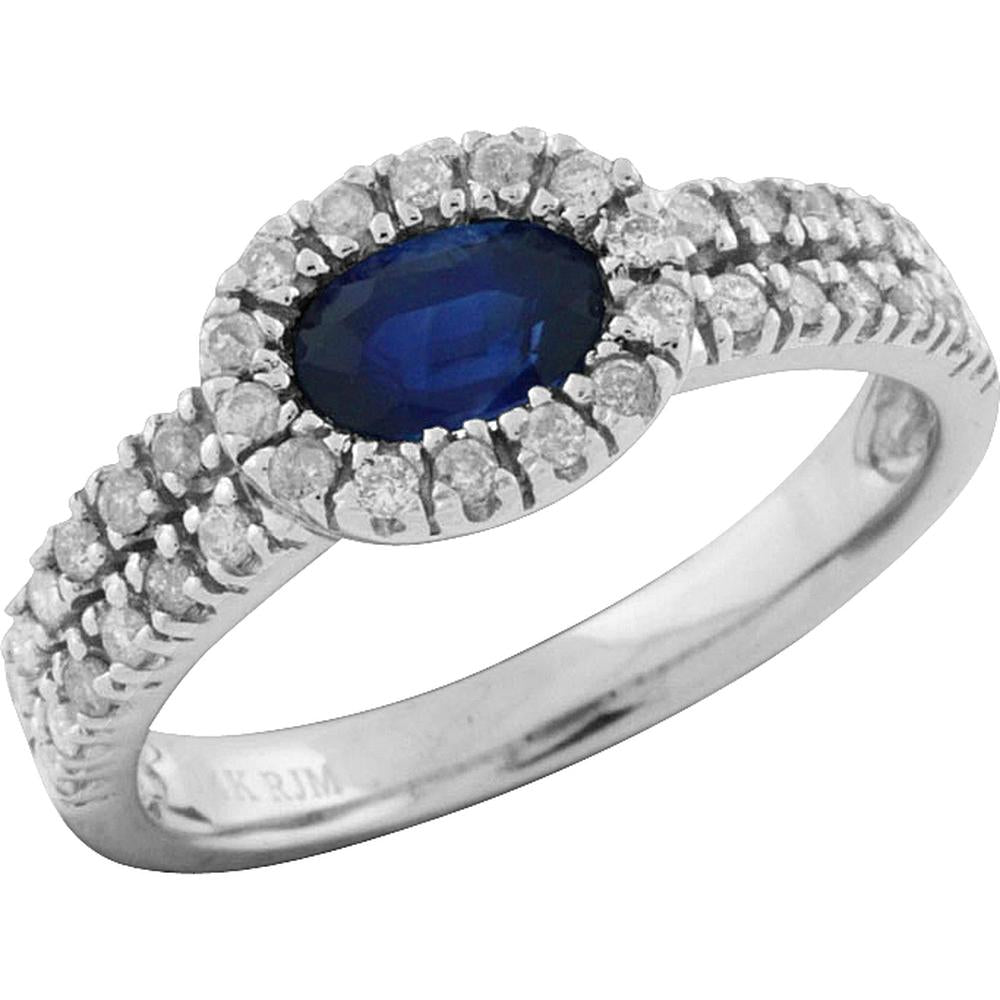 Royal 14K White Gold Sapphire Ring - 0.60 Carat Oval Sapphire with Diamond Halo - 0.32 Carat Total Diamond Weight