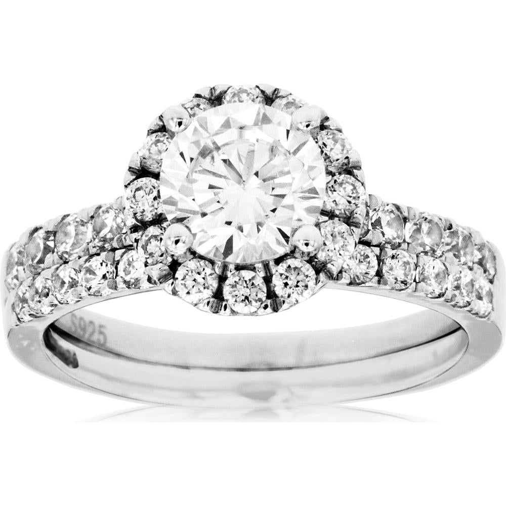 Royal 14K White Gold Semi-Mount Ring with Halo and Wedding Band - 1.17 Carats Total Diamond Weight