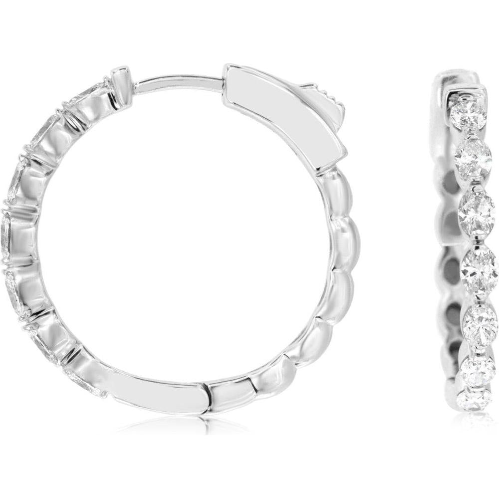 Royal 14K White Gold Small Hoop Earrings with Prong-Set Round Diamonds - 1.1 Carat Total Diamond Weight